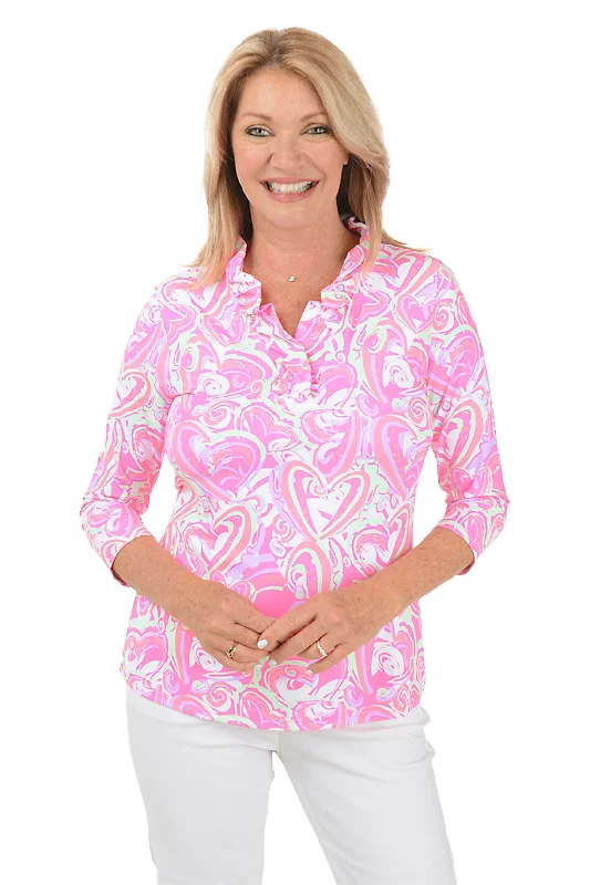 Soft Relaxation Wear Pink Heart Explosion Ruffle Neck UPF50+ Top