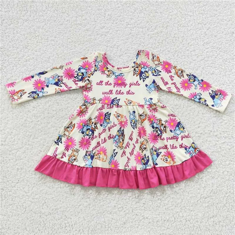 Relaxed Fashion GLD0214 Baby Girls Dogs Flowers Ruffle Knee Length Dresses