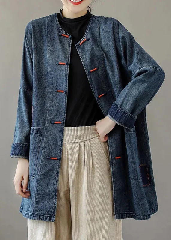 Comfy Chic Wear French Blue O-Neck Pockets Patchwork Denim Coats Long Sleeve