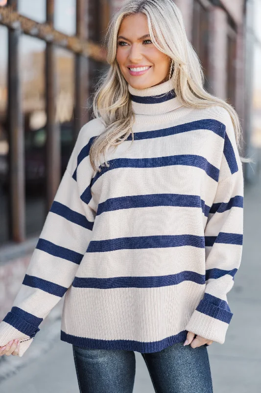Light Dressing Have Your Fun Natural/Navy Striped Turtleneck Sweater