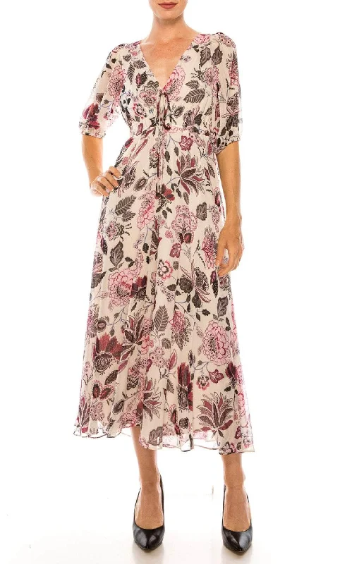 Comfortable Lifestyle Maison Tara 91667M - Printed Long V Neck Dress