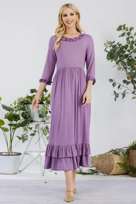 Versatile Casuals Charming Lilac Dress  with Layered Ruffle Hem Dress & Pockets