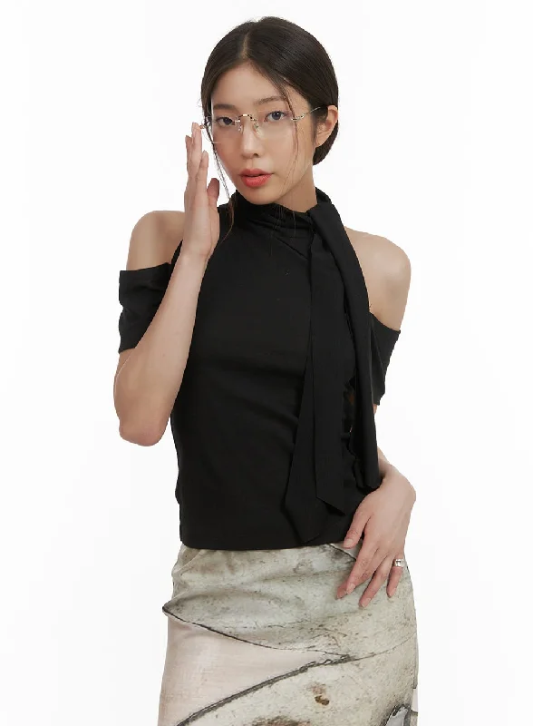 Trendy Dresses Tie-Neck Cut-Out Shoulder Blouse CY416