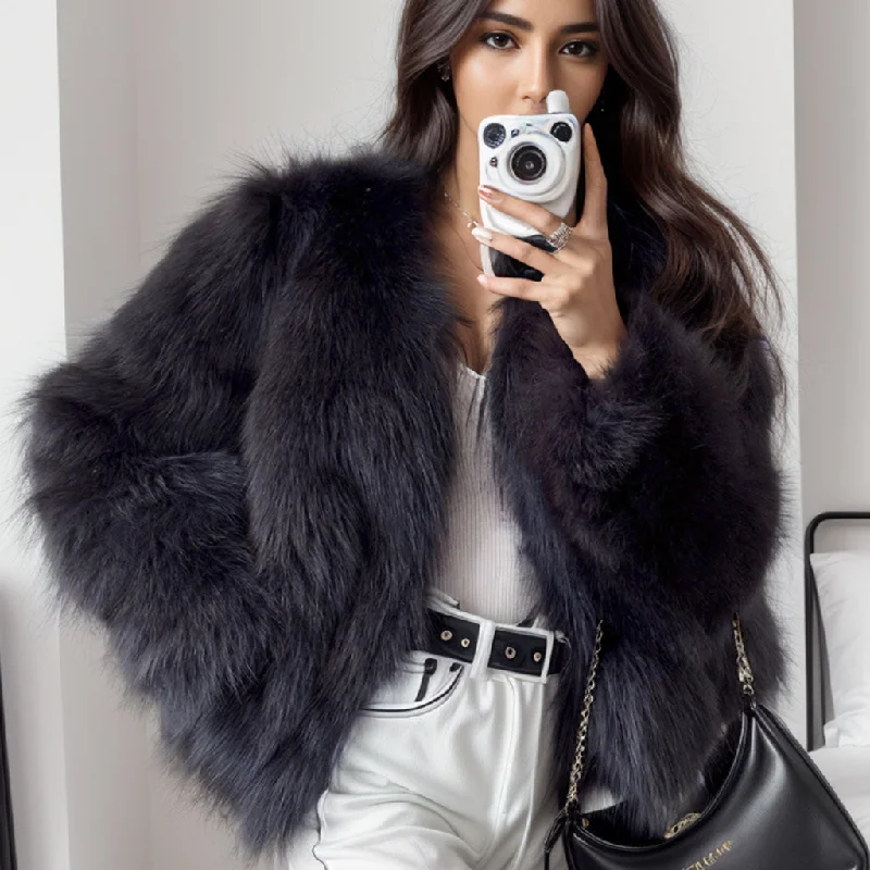 Relaxed Looks Luxury Dark Gray Long Sleeve Side Pocket Cropped Plush Fur Coat