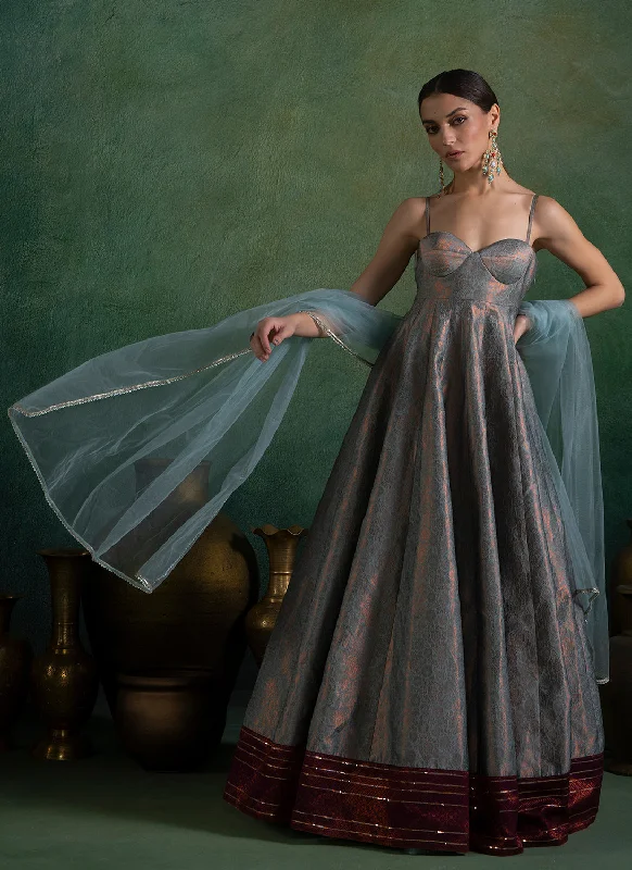 Easy Comfort Style Dusty Aqua Blue Embroidered Brocade Anarkali