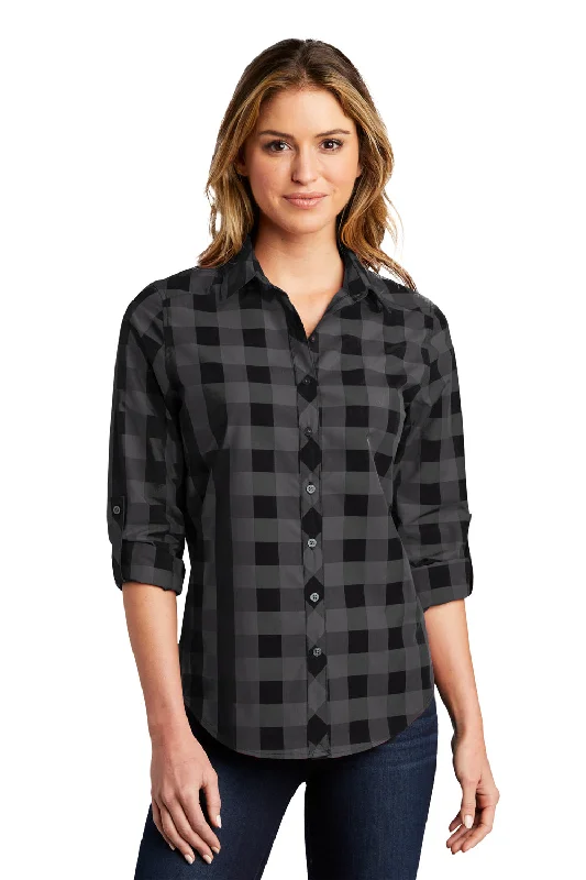 Modern Chic Port Authority Womens Everyday Plaid Long Sleeve Button Down Shirt - Black
