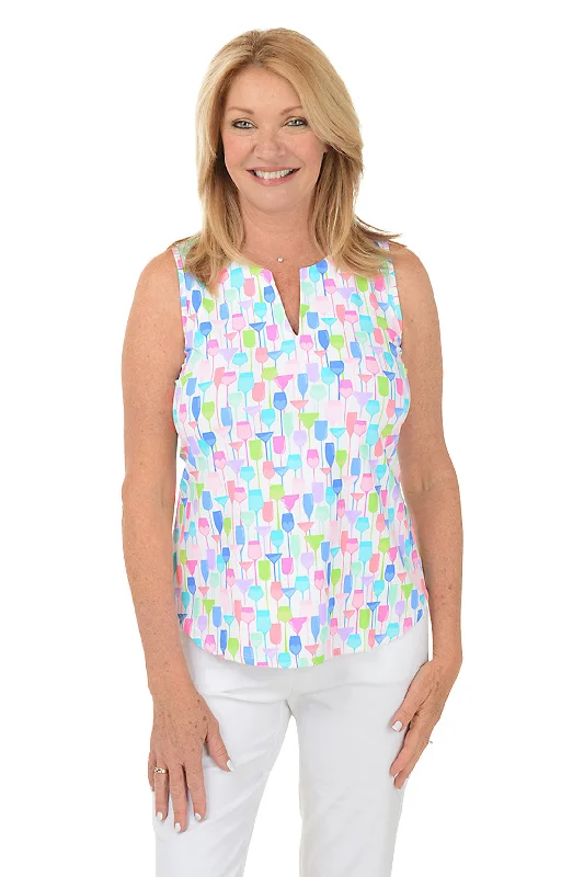 Relaxed Fashion White Wine Glasses UPF50+ Split Neck Sleeveless Top