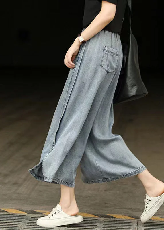 Layered Style Casual Light Blue Elastic Waist Side Open Denim Crop Pants Summer