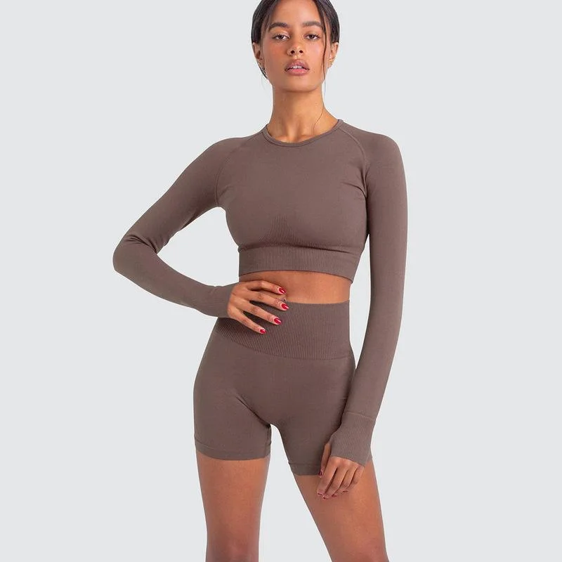 Long Sleeve Shorts Set-Coffee