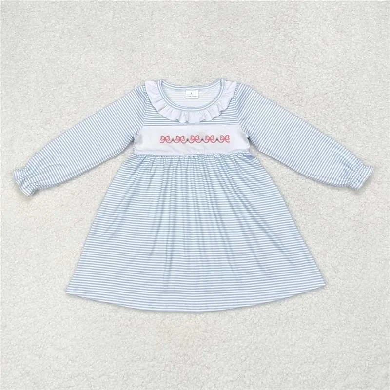 Cozy Lounge Wear GLD0508  Baby Girls Blue Stripes Bows Sibling Sister Rompers Dresses