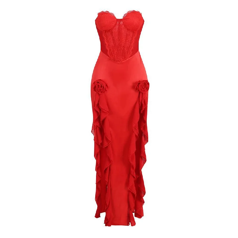 Comfortable Fashion Looks Sexy Lacy Sweetheart Neck Rosette Ruffle Split Corset Satin Maxi Evening Dress