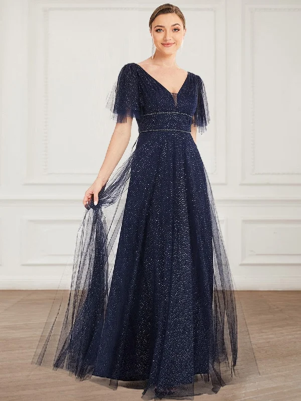 Relaxed Jackets Romantic V Neck Tulle Evening Dress with Ruffle Sleeves