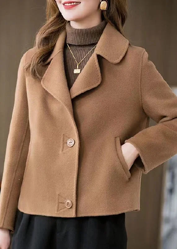 Soft Relaxation Wear Camel Peter Pan Collar Woolen Coat Long Sleeve
