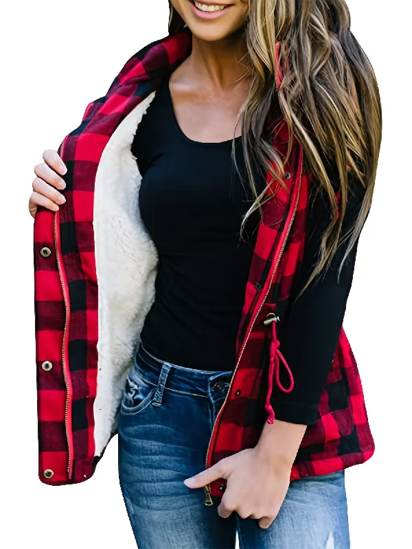 Cozy Footwear Plaid Thermal Lined Hooded Long Sleeve Outerwear Jakcet