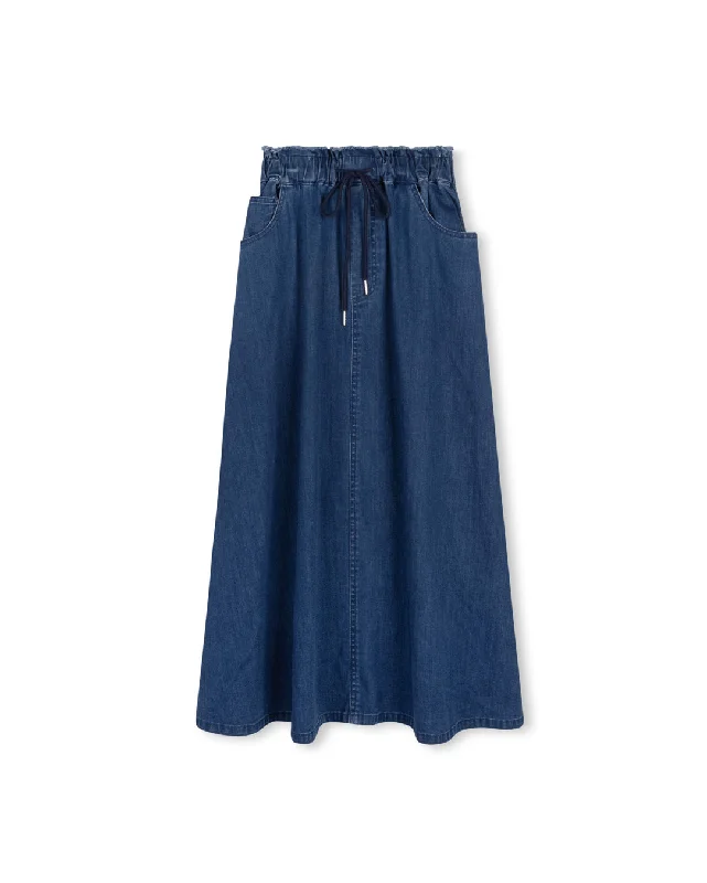 Easygoing Fashion CABANA MID BLUE DENIM DRAW STRING MAXI SKIRT