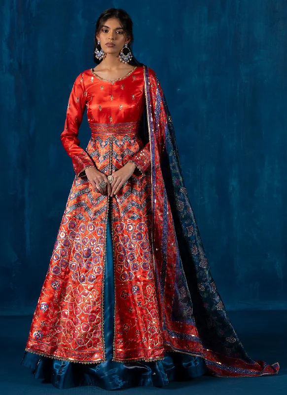 Timeless Outfits Red Multicolor Embroidered Anarkali Style Lehenga