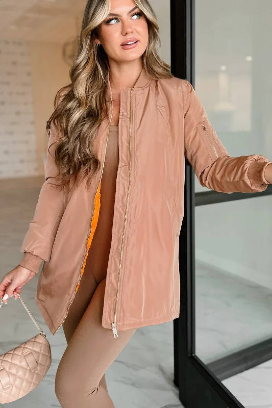 Cozy Street Style Coming In With Confidence Longline Bomber Jacket (Khaki)