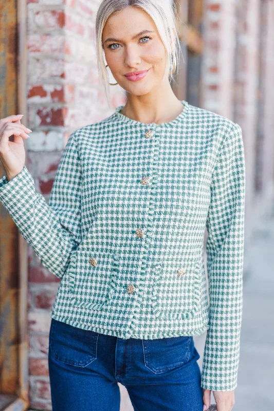 Simple Chic Get A Little Love Olive Green Houndstooth Tweed Jacket