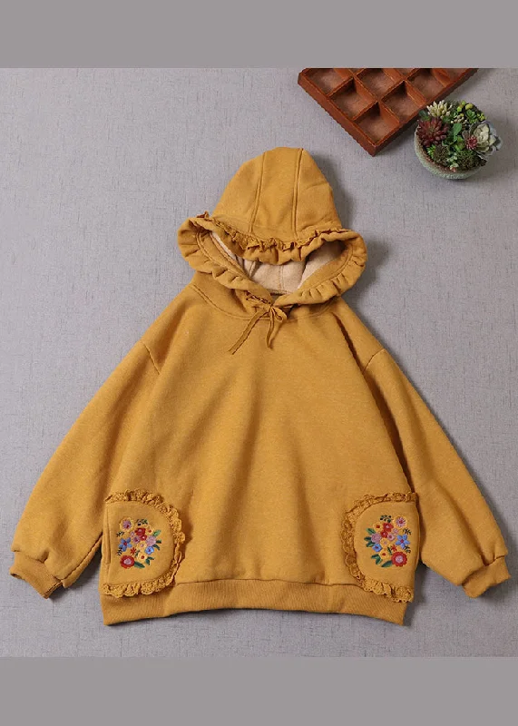 Effortless Outfits Italian Yellow Hooded drawstring Warm Fleece Pullover Sweatshirt Winter