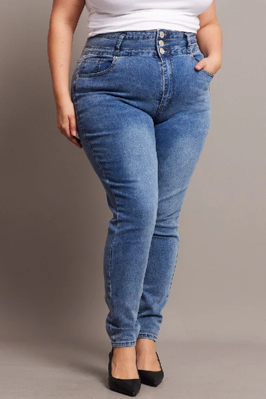 Comfortable Lounge Wear Denim Skinny Jeans High Rise Button Front