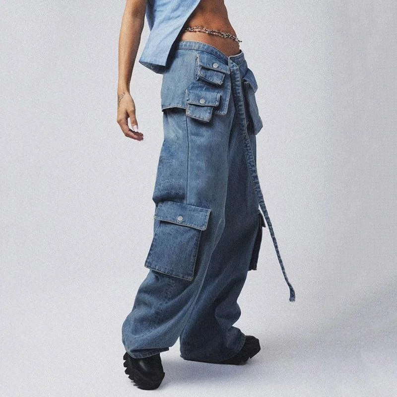 Smart Comfort Wear High-Waisted Baggy Jeans with Lace-Up Cargo Pockets