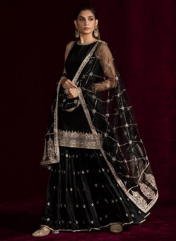 Soft Fabric Looks Black Embroidered Crepe Silk Gharara