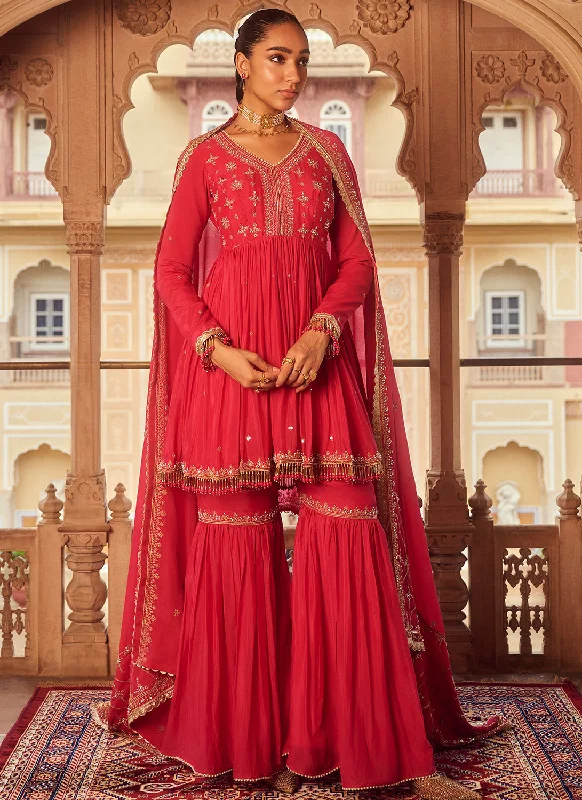 Cozy Lounge Wear Hot Pink Embroidered Chinon Gharara