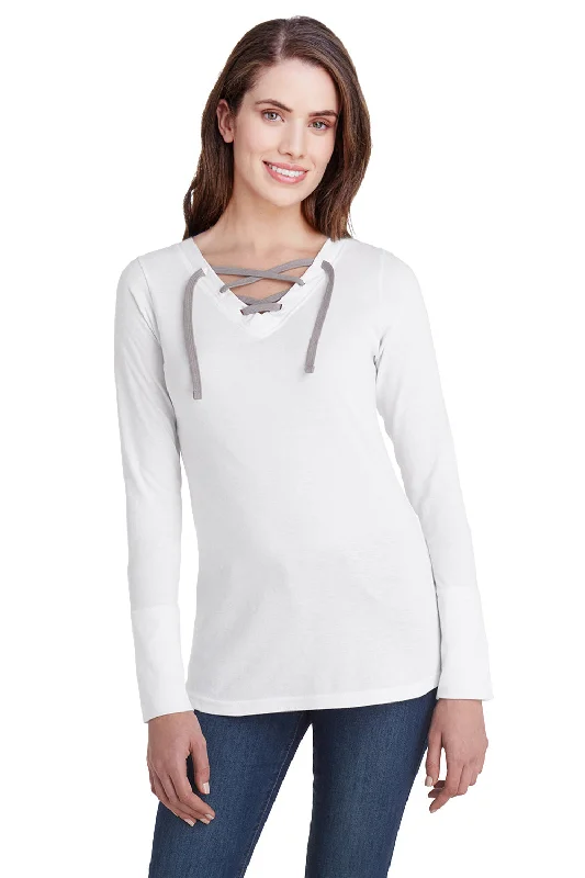 Cozy Fashion Trends LAT Womens Fine Jersey Lace Up Long Sleeve V-Neck T-Shirt - White