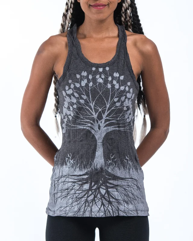 Cozy Fashion Trends Womens Tree of Life Tank Top in Silver on Black