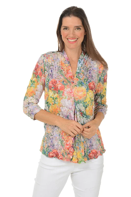 Comfy Chic Wear Sunset Blossoms Crinkle Pleated Front Top