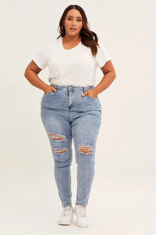 Casual Chic Looks Blue High Rise Knee Distress Stretch Skinny Denim Jeans