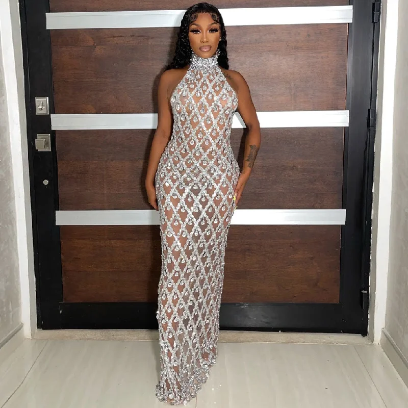 Comfortable Sweaters Luxury Rhinestone Embellished High Neck Bodycon Mesh Maxi Evening Dress