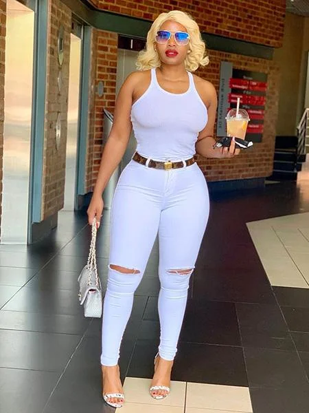 Light Dressing Trendy White Ripped Pencil Denim Jeans Women