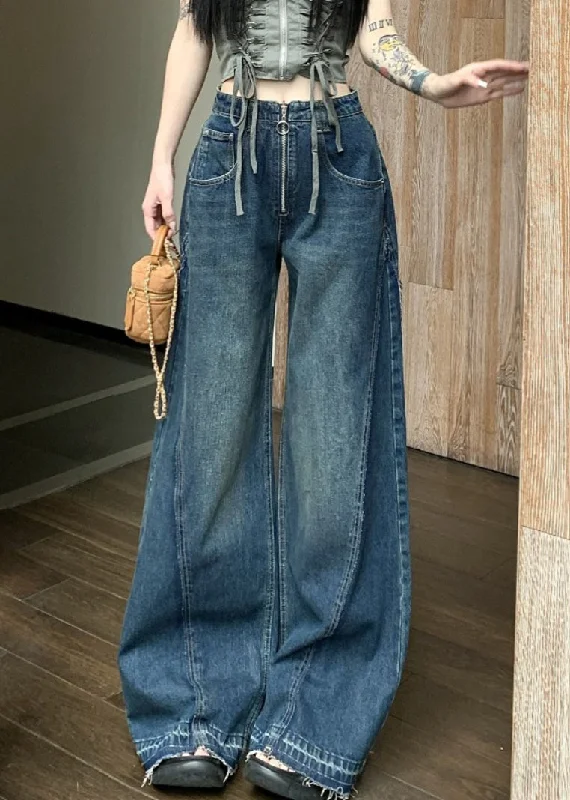 Comfortable Sweaters Women Blue Zip Up Pockets Denim Wide Leg Pants Summer