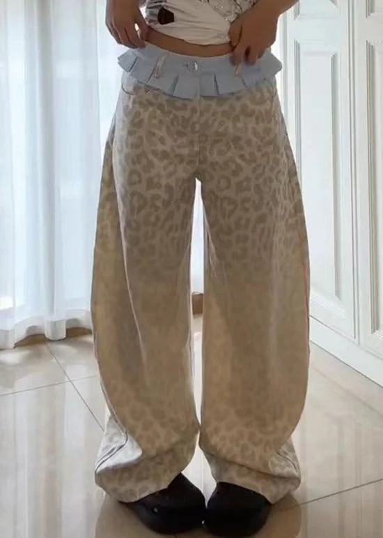Comfortable Lifestyle American Style Beige Leopard Patchwork Denim Pants Spring