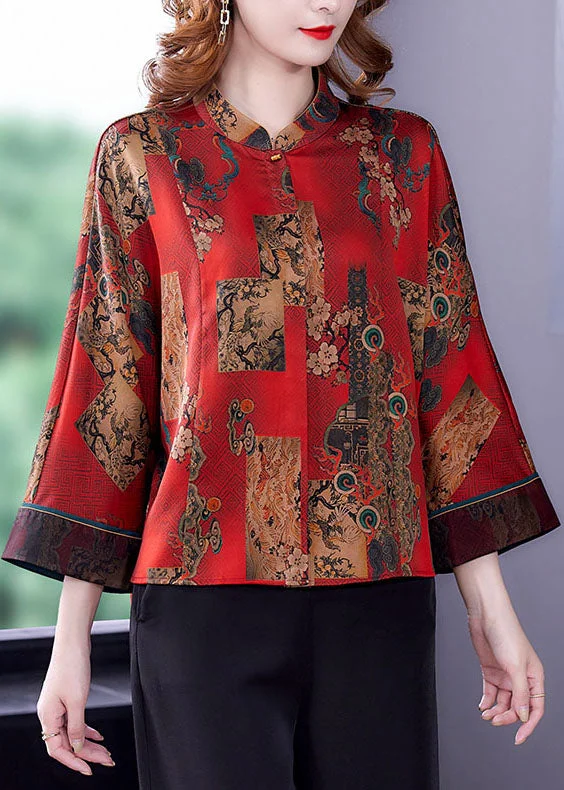 Relaxed Fits Handmade Red Original Design Mandarin Collar Print Silk Blouses Long Sleeve