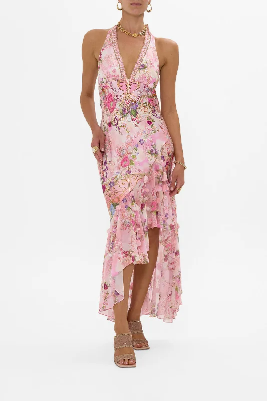 Soft Feel BIAS HALTER DRESS WITH RUFFLE HEM TOTALLY OZMOPOLITAN