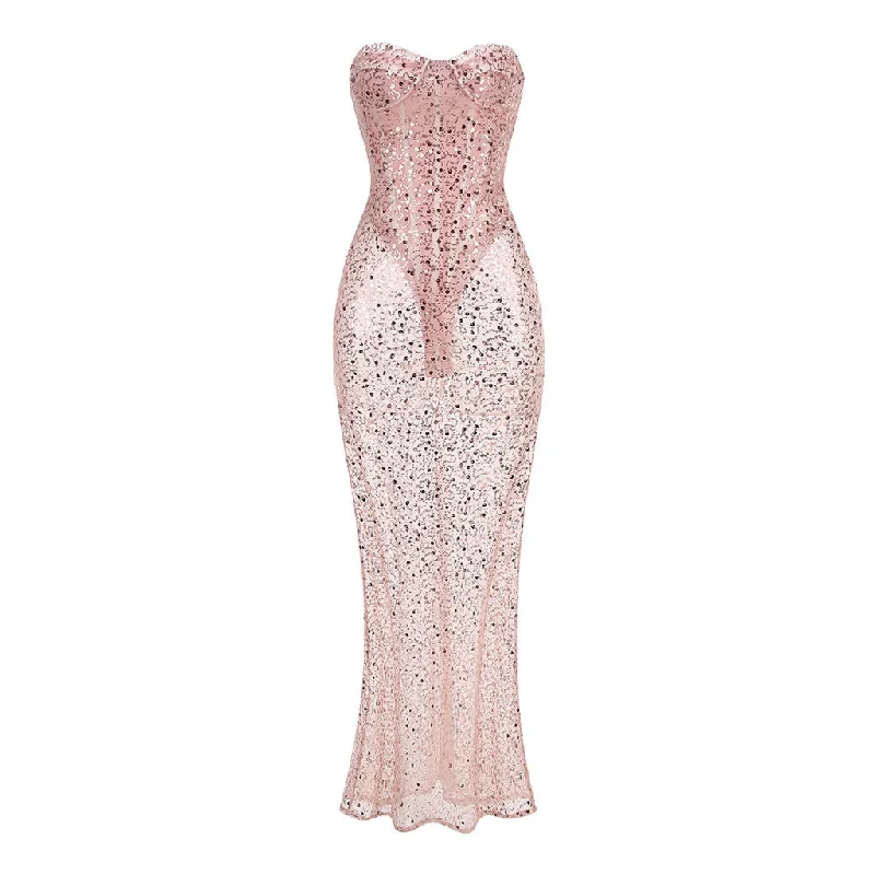 Stylish Jackets Sexy Bustier Strapless Corset Sheer Mesh Sequin Mermaid Maxi Dress