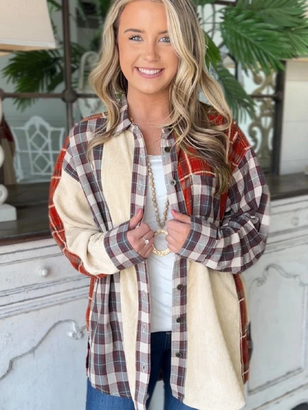 Trendy Comfort Wear Plaid Corduroy Patchwork Casual Long Sleeve Jacket