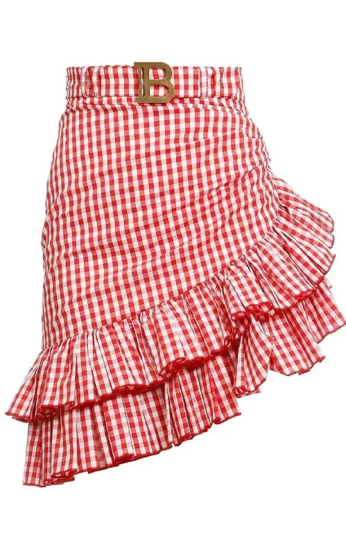 Modern Comfort Wear Belted Ruffled Plaid Mini Skirt