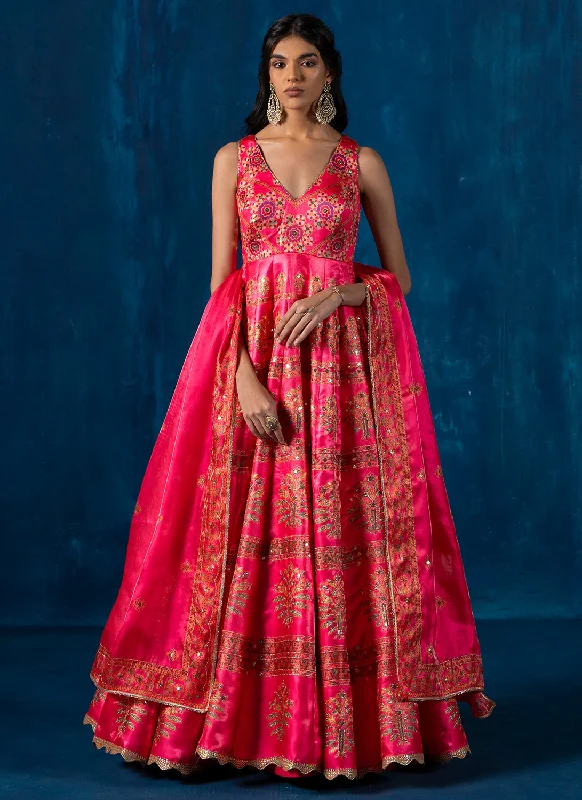 Stylish Fit Hot Pink Multicolor Embroidered Anarkali