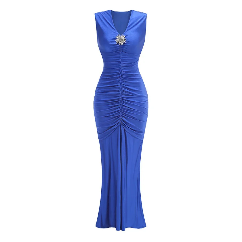 Soft Comfort Sexy Crystal V Neck Sleeveless Ruched Bodycon Fishtail Maxi Evening Dress