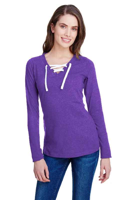 Comfortable Fitwear LAT Womens Fine Jersey Lace Up Long Sleeve V-Neck T-Shirt - Vintage Purple