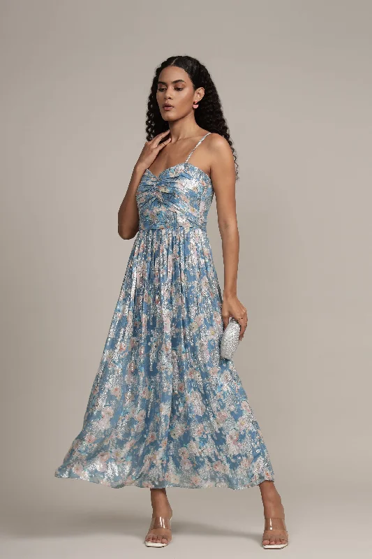 Trendy Dresses Nelex Metallic Printed Midi Dress in Blue