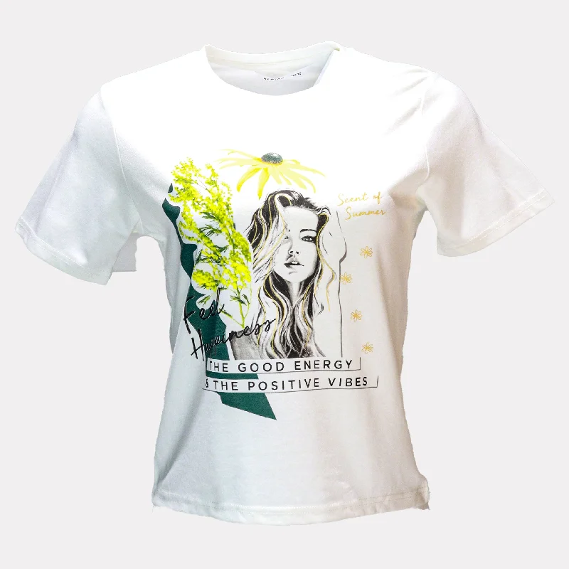Soft Trends Ivory Placement Print Crew Neck T Shirt