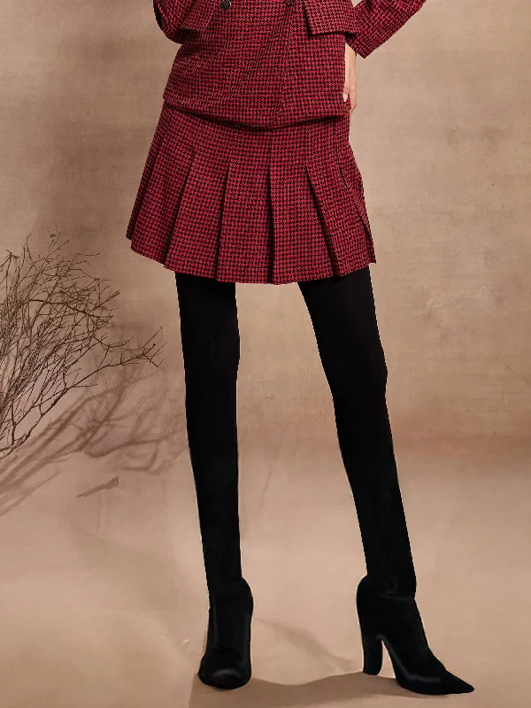 Elegant Fit Women Red Houndstooth Check Pleated Mini Skirt