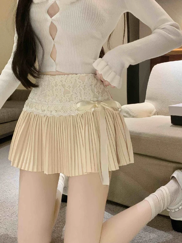 Cozy Outerwear Women's High Waist Slimming A- Line Lace Stitching Small Pleated Skirt