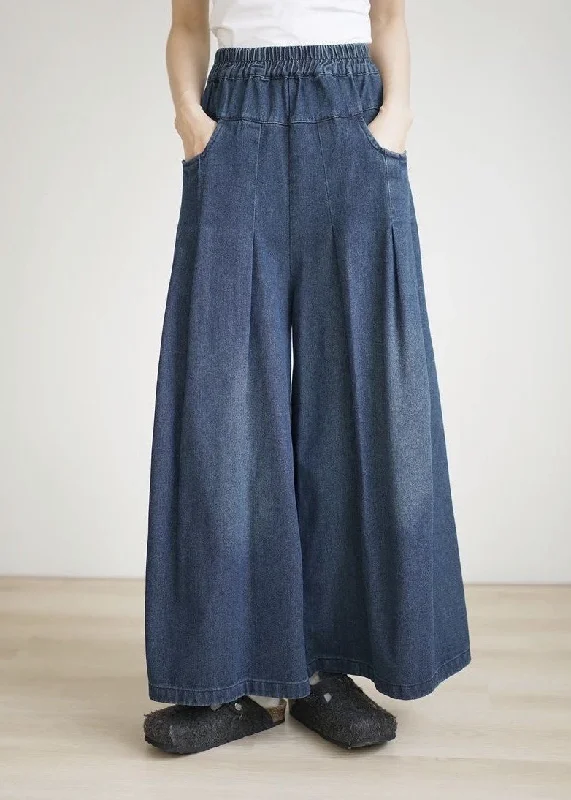 Everyday Chic Loose Navy Pockets Wrinkled Denim Wide Leg Pants Summer