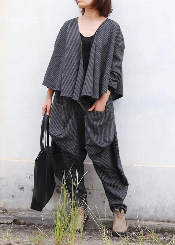Stylish Jackets Literary Autumn Lady Grey Woolen Set Short Jacket + Irregular Casual Pants