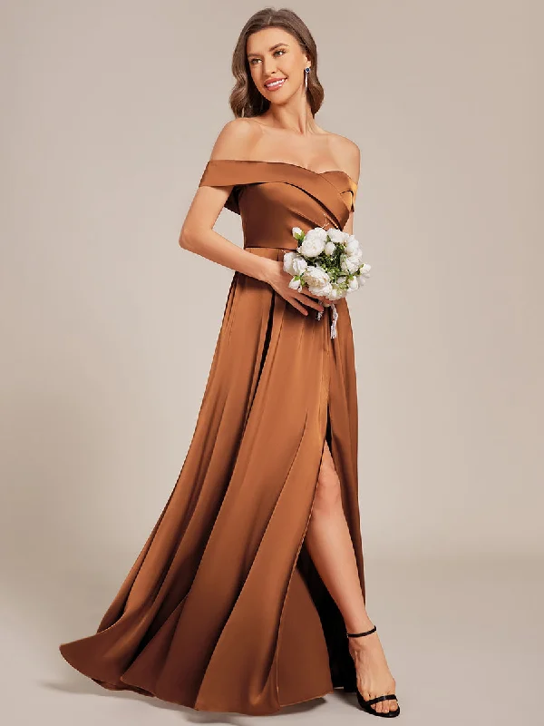Simple Comfort Off Shoulder Lace-Up High Slit Satin Bridesmaid Dress